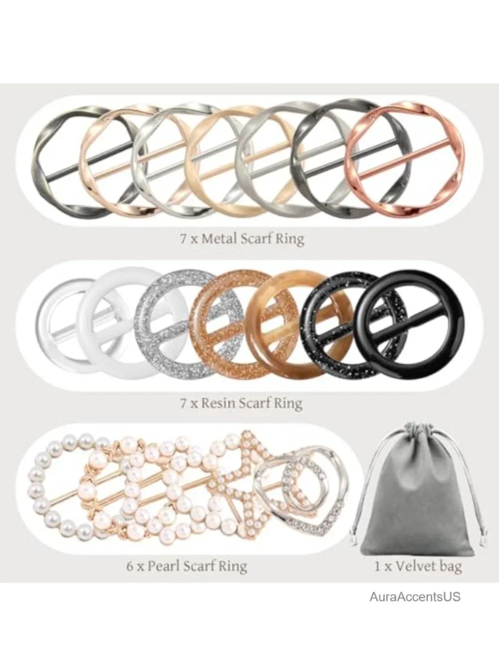 20PCS Silk Scarf Ring Clip Set for Women with Storage Bag, Shirt Cinch Clips